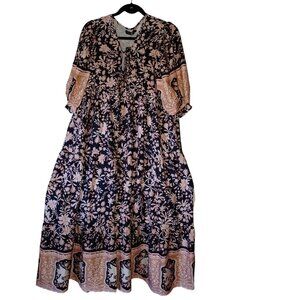 Womens Medium Boho Floral Maxi Dress Black Peach Soft Flowy Puff Sleeves V-Neck